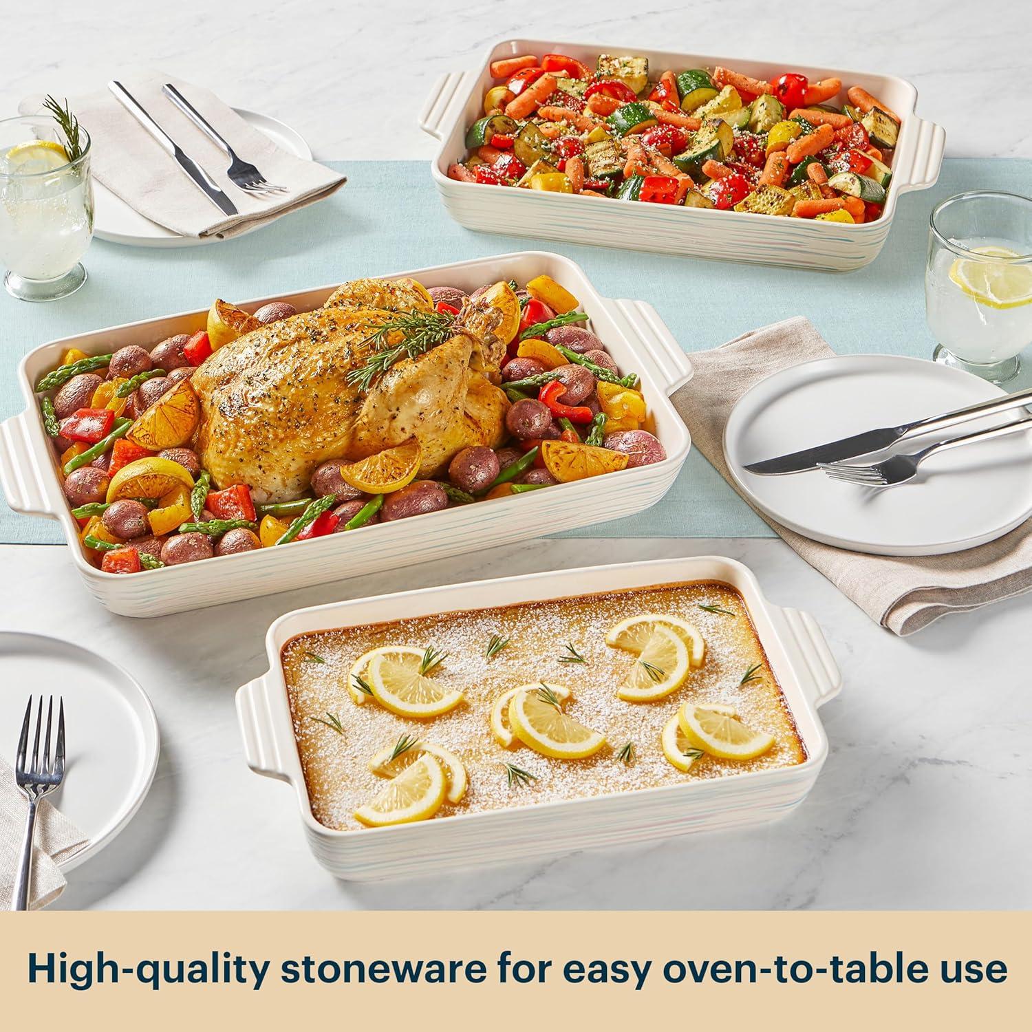 image:imagePyrex 3Piece Ceramic Bakeware Set Nonstick Casserole Dish with Handles Lasagna Oven Pans Bakers For Baking Roasting Steaming RectangularValue Pack 2 3 4 Quart