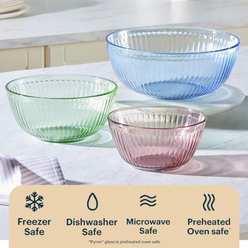 image:imagePyrex Colors 2Pack Sculpted Tinted SmallMedium Glass Mixing Bowls With Plastic Lids Nesting Space Saving Set of Bowls For Prepping and Baking 13QT amp 23QTPink Green Blue