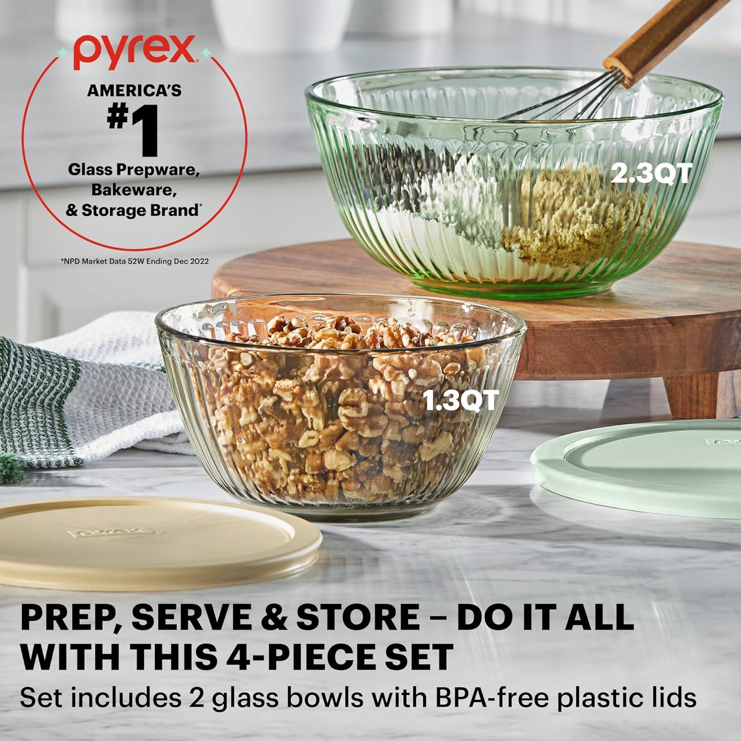 image:imagePyrex Colors 2Pack Sculpted Tinted SmallMedium Glass Mixing Bowls With Plastic Lids Nesting Space Saving Set of Bowls For Prepping and Baking 13QT amp 23QTYellow Green