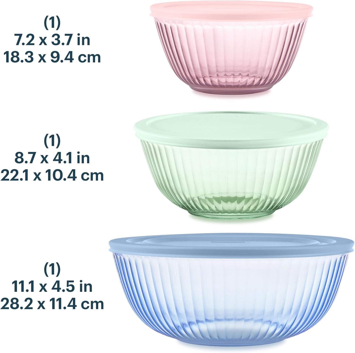 image:imagePyrex Colors 2Pack Sculpted Tinted SmallMedium Glass Mixing Bowls With Plastic Lids Nesting Space Saving Set of Bowls For Prepping and Baking 13QT amp 23QTPink Green Blue