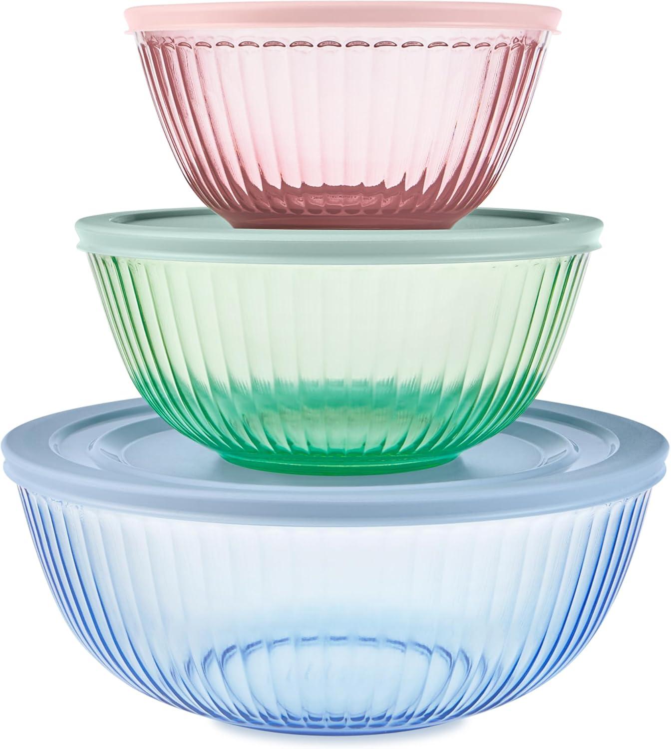 image:imagePyrex Colors 2Pack Sculpted Tinted SmallMedium Glass Mixing Bowls With Plastic Lids Nesting Space Saving Set of Bowls For Prepping and Baking 13QT amp 23QTPink Green Blue