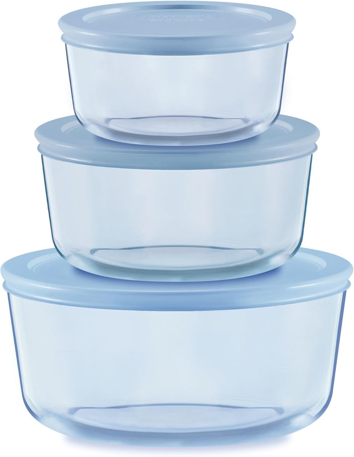 image:imagePyrex Colors 3Pack Medium Tinted Glass Round Food Storage Container Set Snug Fit NonToxic Plastic BPAFree Lids Freezer Dishwasher Microwave Safe 2 Cup 4 Cup amp 7 Cup BlueBlue