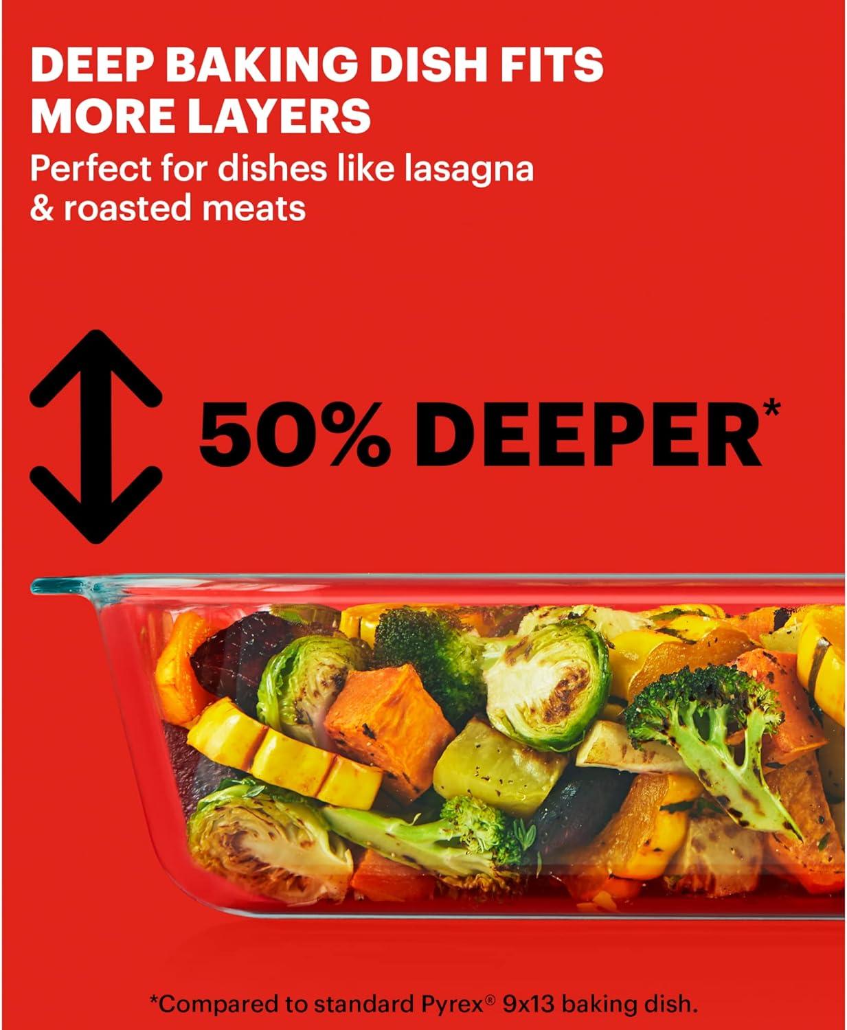 image:imagePyrex Deep 52Qt 9x13 2in1 Glass Baking Dish with Glass Lid Extra Large Rectangular Baking Pan For Casserole amp Lasagna Dishwasher Freezer Microwave and PreHeated Oven Safe52 QT