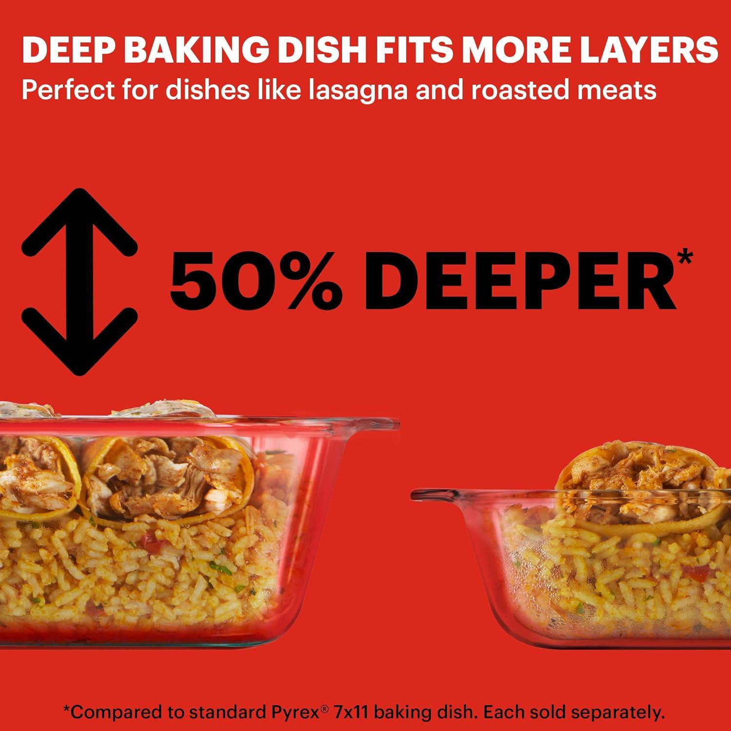 image:imagePyrex Deep 9x13Inch Glass Baking Dish with Lid Deep Casserole Dish Glass Food Container Oven Freezer and Microwave Safe Clear Container7x11 1Count