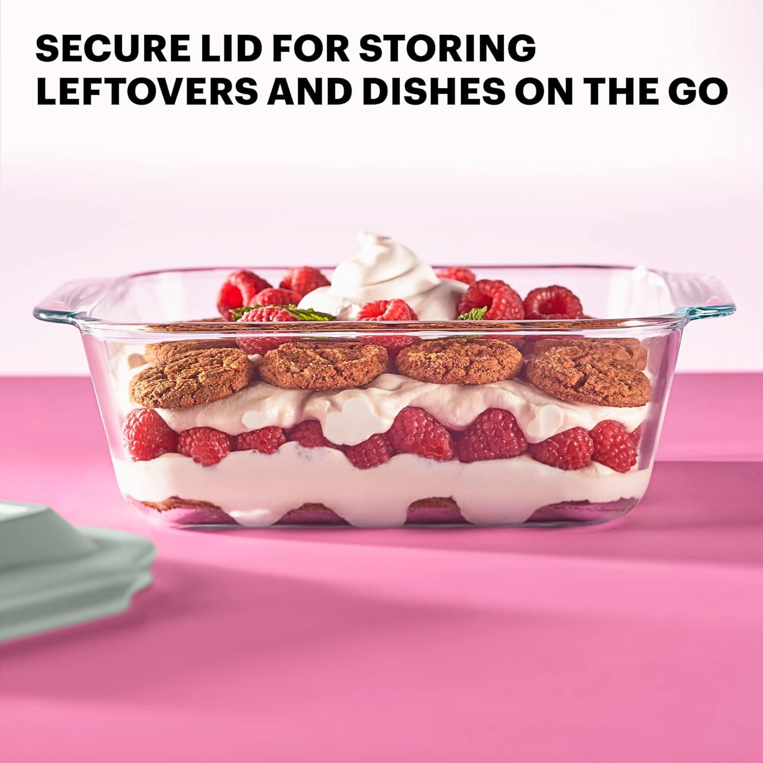 image:imagePyrex Deep Glass Baking Dish with Plastic Lid Deep Casserole Dish Glass Food Container Oven Freezer and Microwave Safe Clear Container 7x118x8 1Count