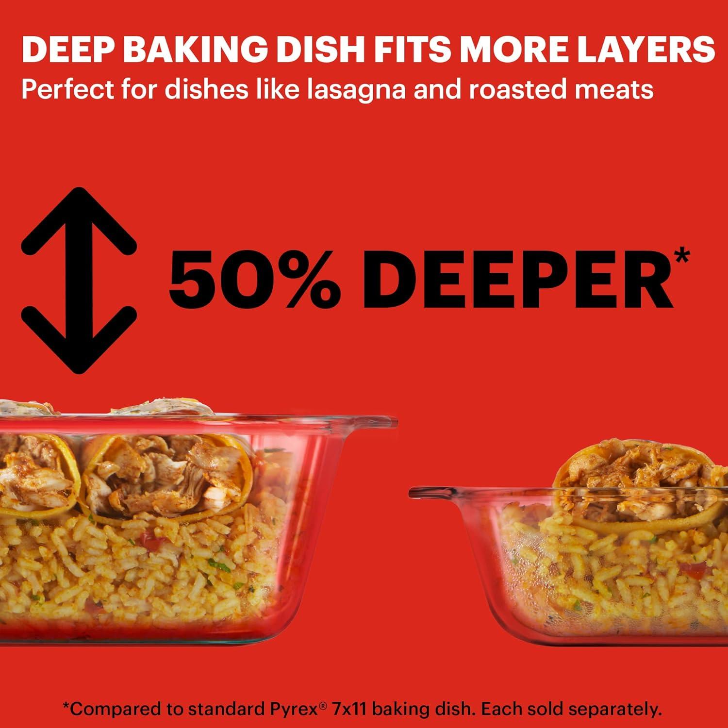 image:imagePyrex Deep Glass Baking Dish with Plastic Lid Deep Casserole Dish Glass Food Container Oven Freezer and Microwave Safe Clear Container 7x119x13 1Count