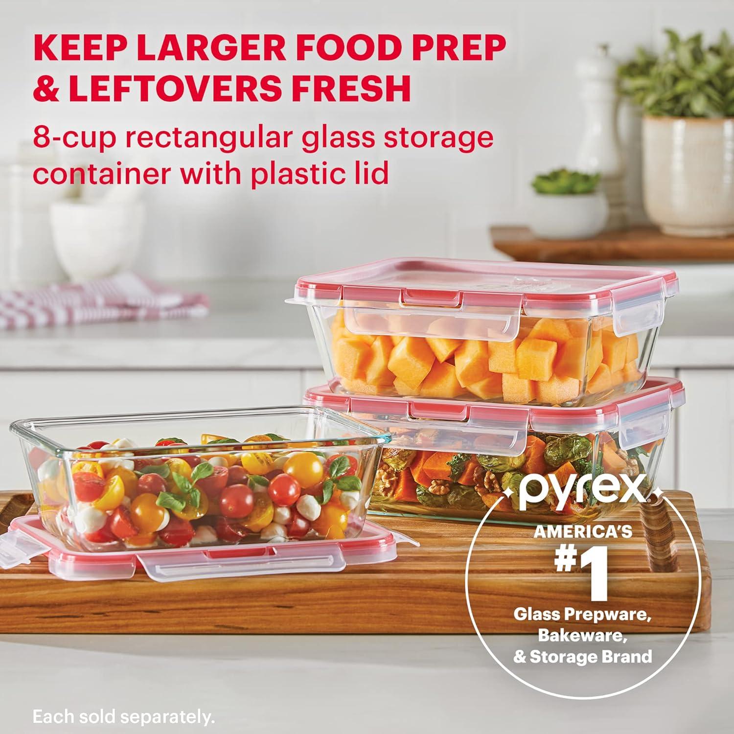 image:imagePyrex Freshlock Glass Food Storage Container Airtight amp Leakproof Plastic Locking Lids Freezer Dishwasher Microwave Safe 8 Cup8 Cup Pack of 2