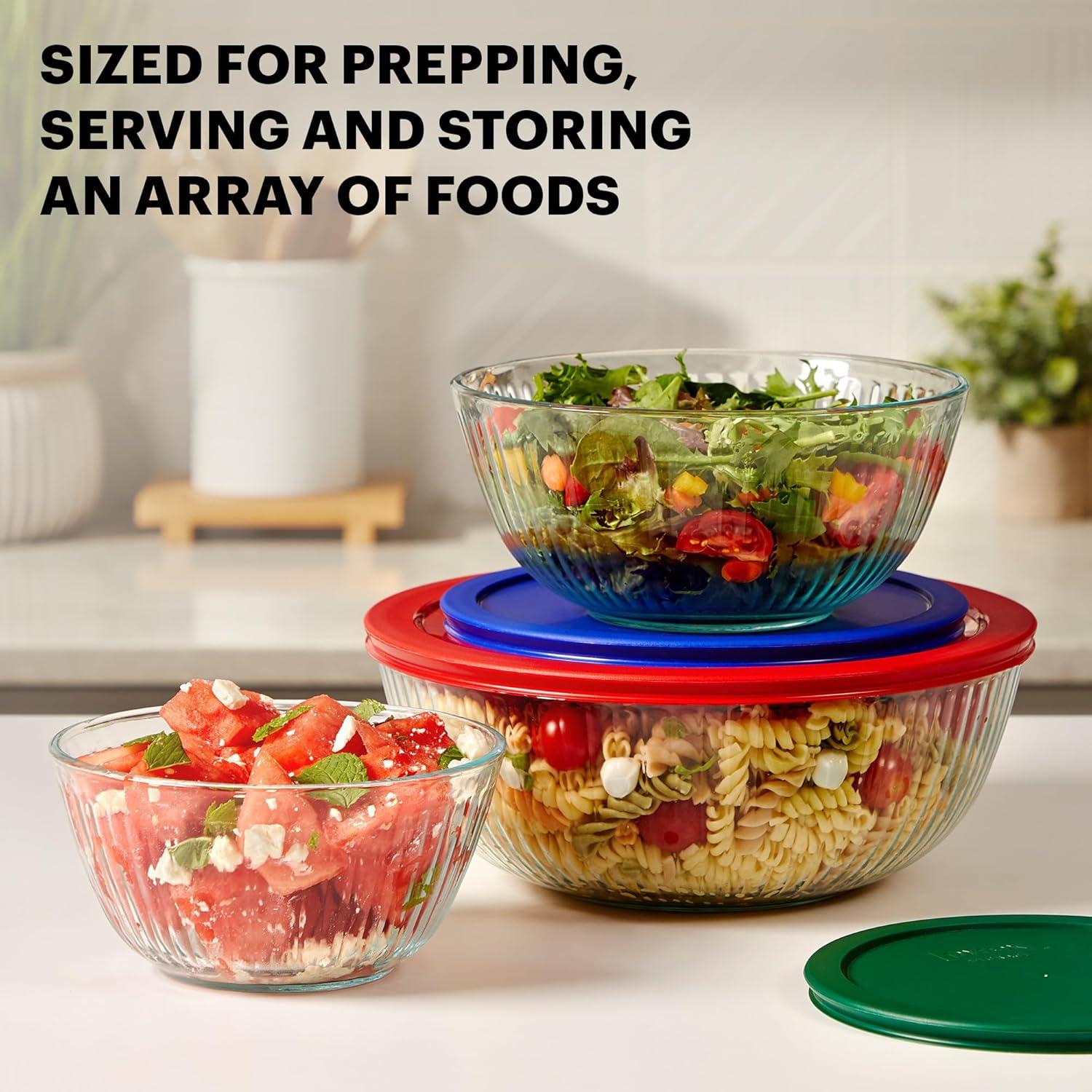 image:imagePyrex Sculpted 3Pack Glass Mixing Bowls Set With Plastic Lids For Prepping Baking and Cooking Preheated Oven Dishwasher Freezer and Microwave Safe