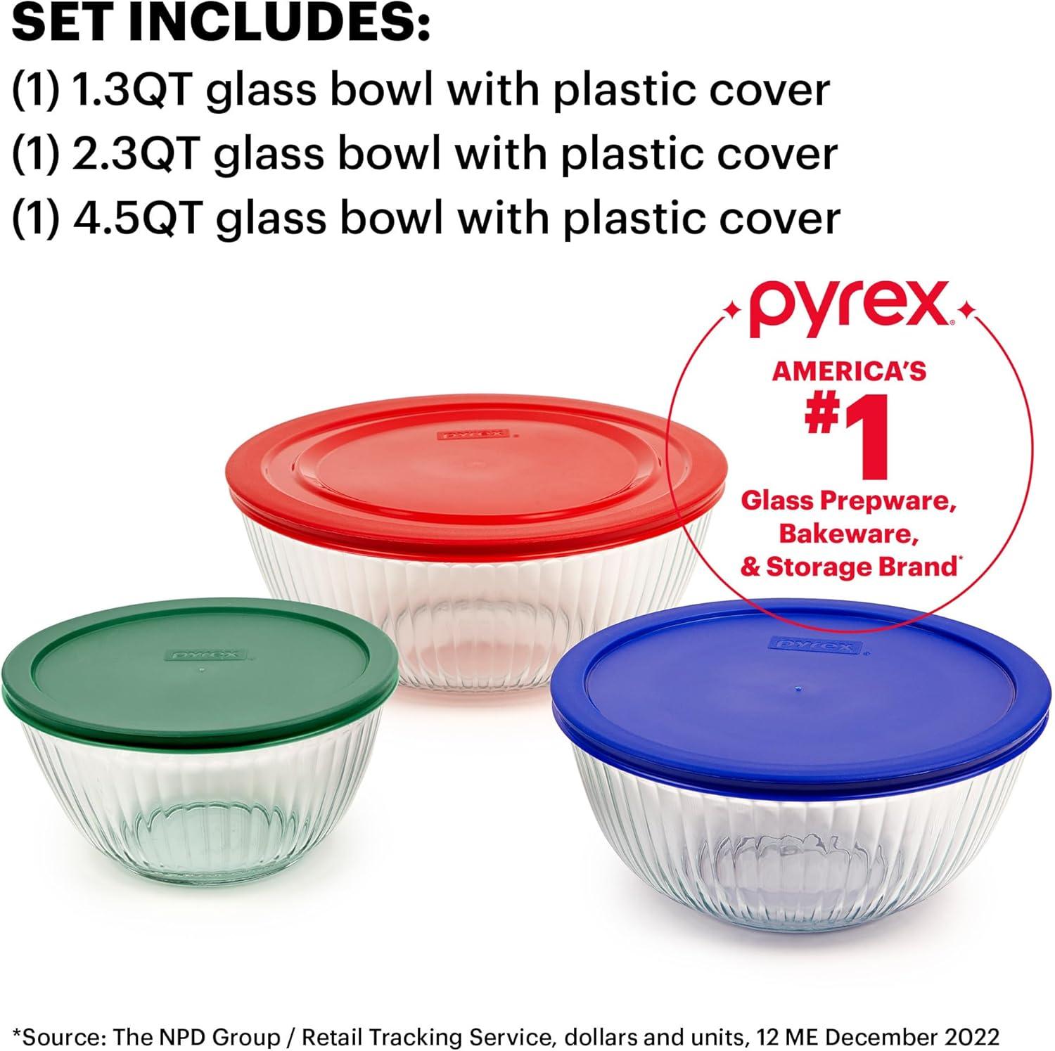 image:imagePyrex Sculpted 3Pack Glass Mixing Bowls Set With Plastic Lids For Prepping Baking and Cooking Preheated Oven Dishwasher Freezer and Microwave Safe