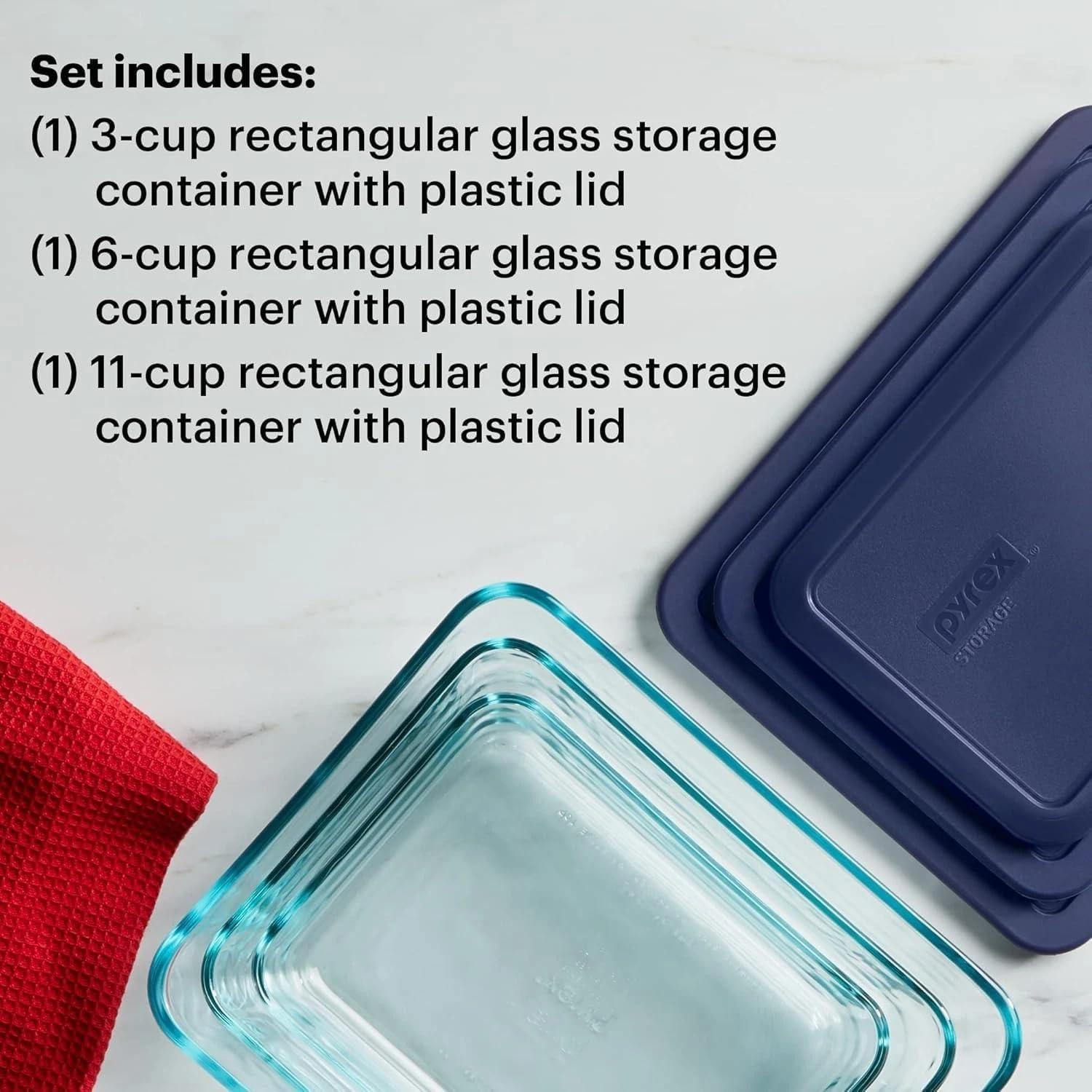 image:imagePyrex Simply Store 3Pack Rectangular Glass Food Storage Containers Set 3 6 amp 11 Cup Meal Prep Containers With Plastic BPAFree Lids Dishwasher amp Microwave Safe3 Pack Large