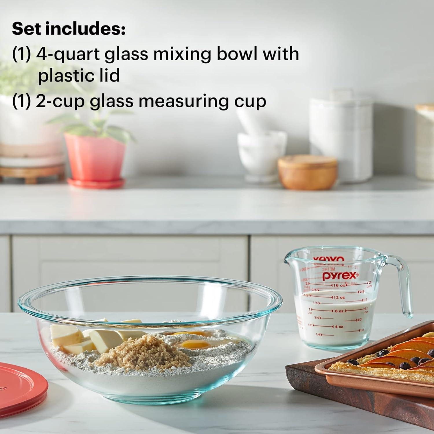 image:imagePyrex Smart Essentials 3Piece Glass Prep Set 4QT Glass Mixing Bowl with lid and 2Cup Measuring Cup Dishwasher Microwave and Freezer Safe Essential Kitchen Tools