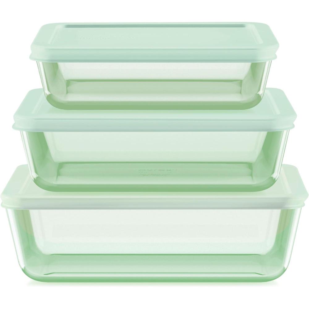 image:imagePyrex Colors 3Pack Medium Tinted Glass Round Food Storage Container Set Snug Fit NonToxic Plastic BPAFree Lids Freezer Dishwasher Microwave Safe 2 Cup 4 Cup amp 7 Cup BlueGreen