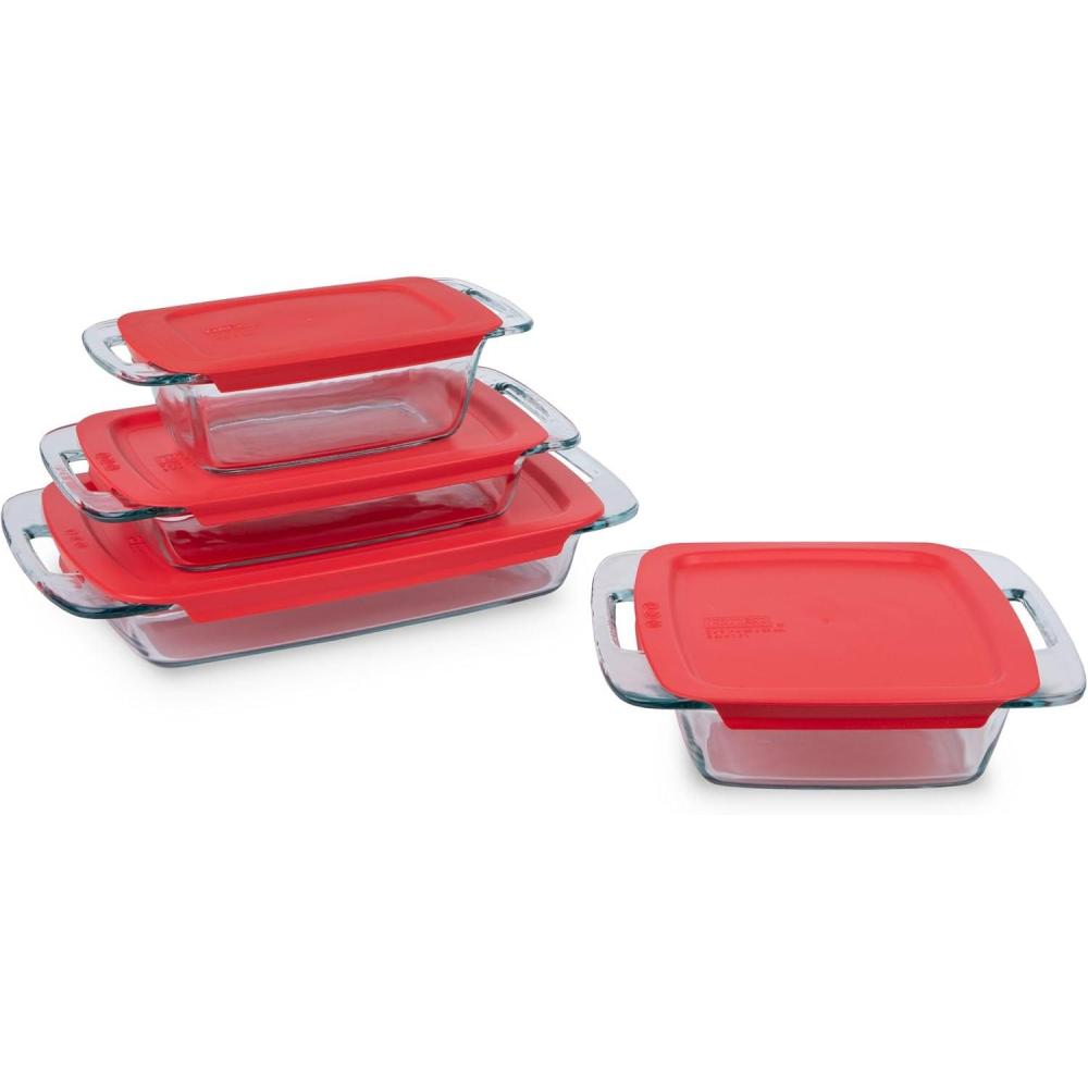 image:imagePyrex Easy Grab 4Pack Glass Baking Dish Set 15QT 2QT 3QT 8x8 with BPAFree Lids Rectangular Bakeware Set Dishwasher Microwave Freezer amp PreHeated Oven Safe