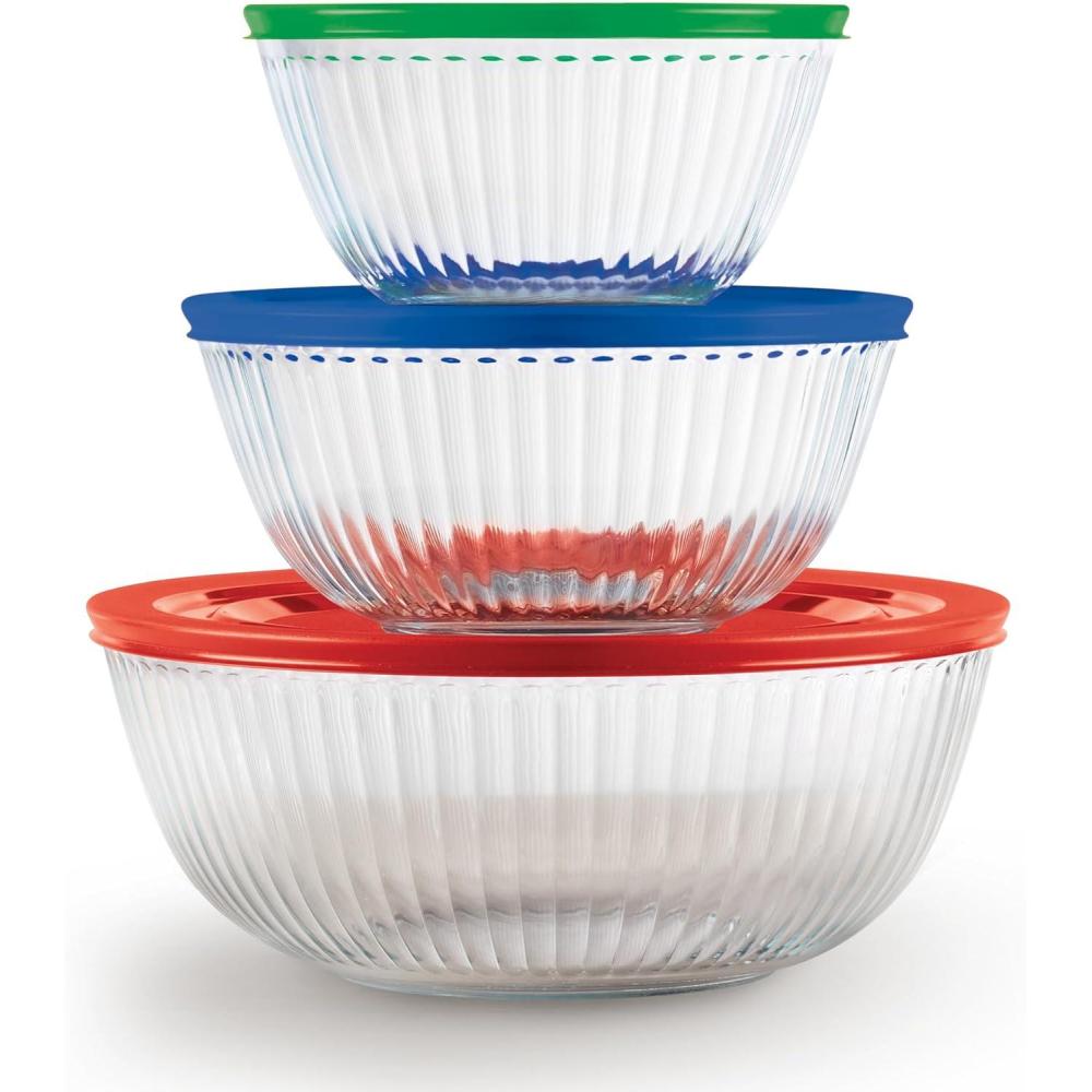 image:imagePyrex Sculpted 3Pack Glass Mixing Bowls Set With Plastic Lids For Prepping Baking and Cooking Preheated Oven Dishwasher Freezer and Microwave Safe