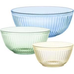 Pyrex Colors (2-Pack) Sculpted Tinted Small/Medium Glass Mixing Bowls With Plastic Lids, Nesting Space Saving Set of Bowls For Prepping and Baking, 1.3QT & 2.3QT(Clear)