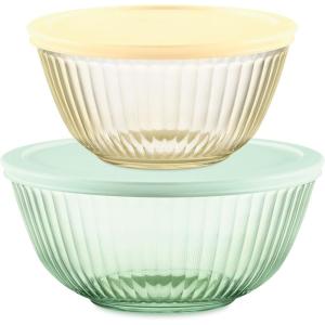 Pyrex Colors (2-Pack) Sculpted Tinted Small/Medium Glass Mixing Bowls With Plastic Lids, Nesting Space Saving Set of Bowls For Prepping and Baking, 1.3QT & 2.3QT(Yellow  Green)