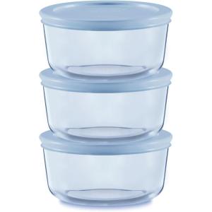 Pyrex Colors (3-Pack, Medium) Tinted Glass Round Food Storage Container Set, Snug Fit Non-Toxic Plastic BPA-Free Lids, Freezer Dishwasher Microwave Safe, 2 Cup, 4 Cup & 7 Cup, Blue(Blue)