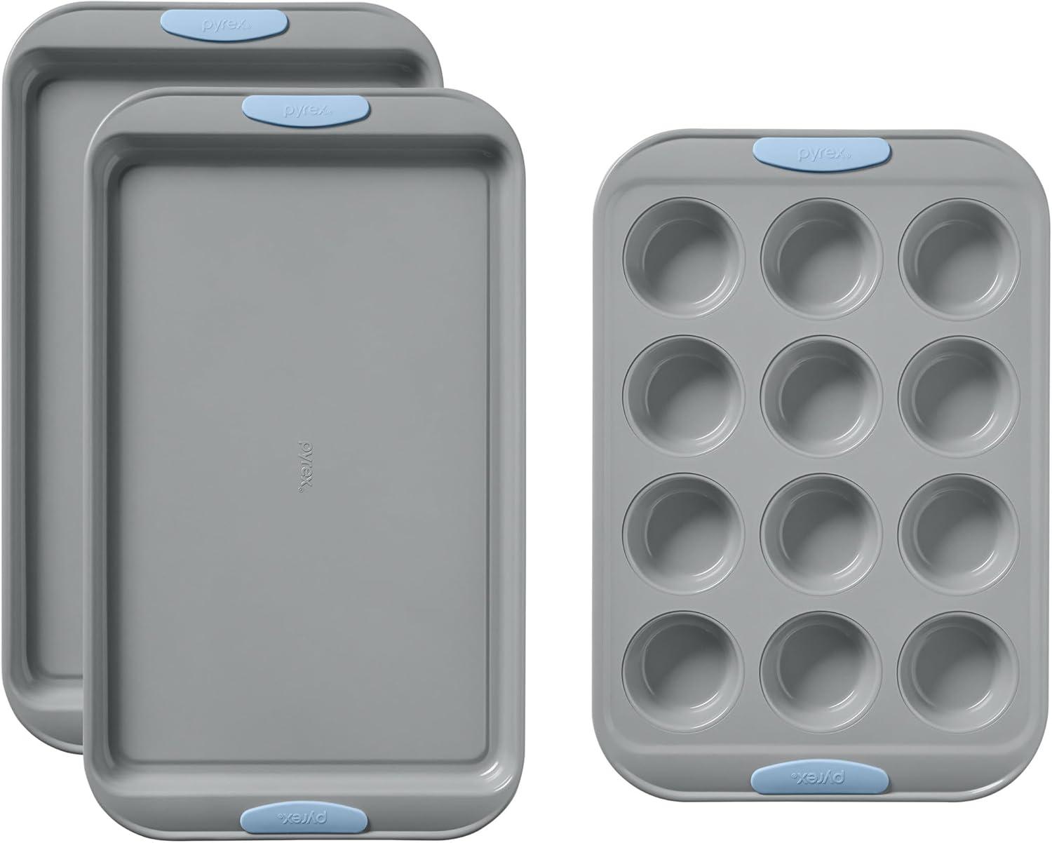 image:imagePyrex 3Piece Metal Cookie Sheet Bakeware Set Lightweight Stainless Steel Baking Trays with Heatsafe Silicone Handles Cookie Sheet Baking Pan CeruleanCerulean