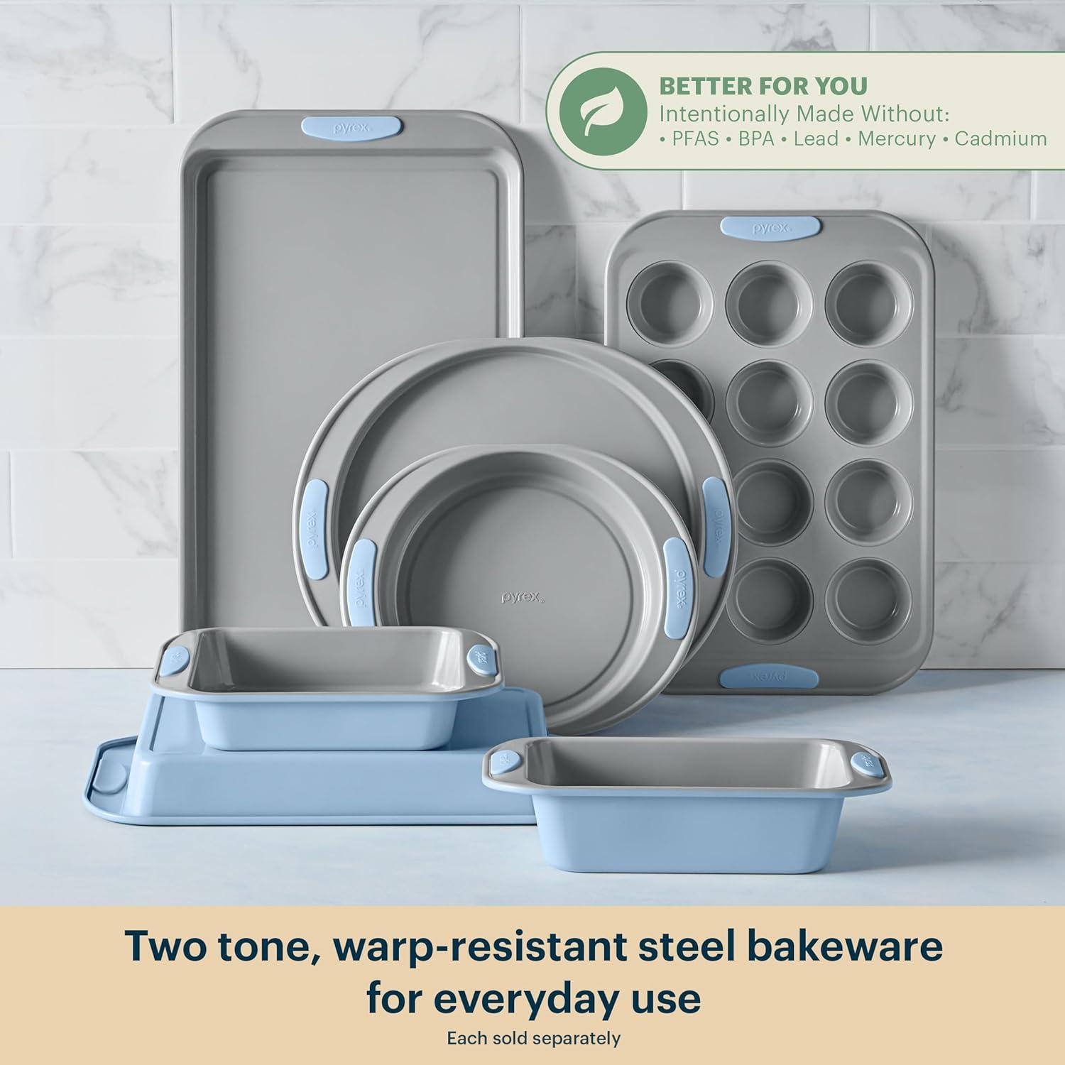 image:imagePyrex 3Piece Metal Cookie Sheet Bakeware Set Lightweight Stainless Steel Baking Trays with Heatsafe Silicone Handles Cookie Sheet Baking Pan CeruleanCerulean