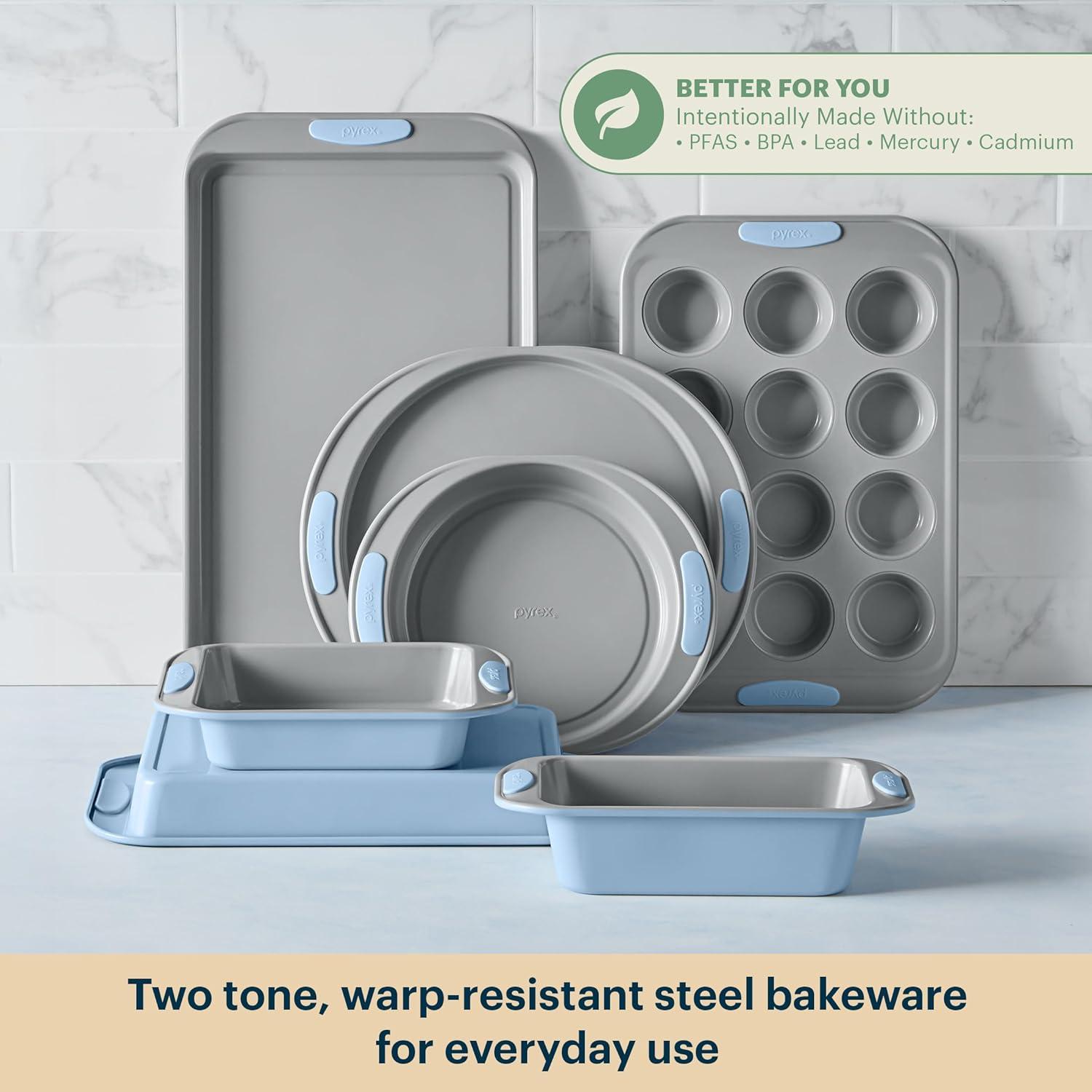 image:imagePyrex 3Piece Metal Cookie Sheet Bakeware Set Lightweight Stainless Steel Baking Trays with Heatsafe Silicone Handles Cookie Sheet Baking Pan CeruleanCerulean