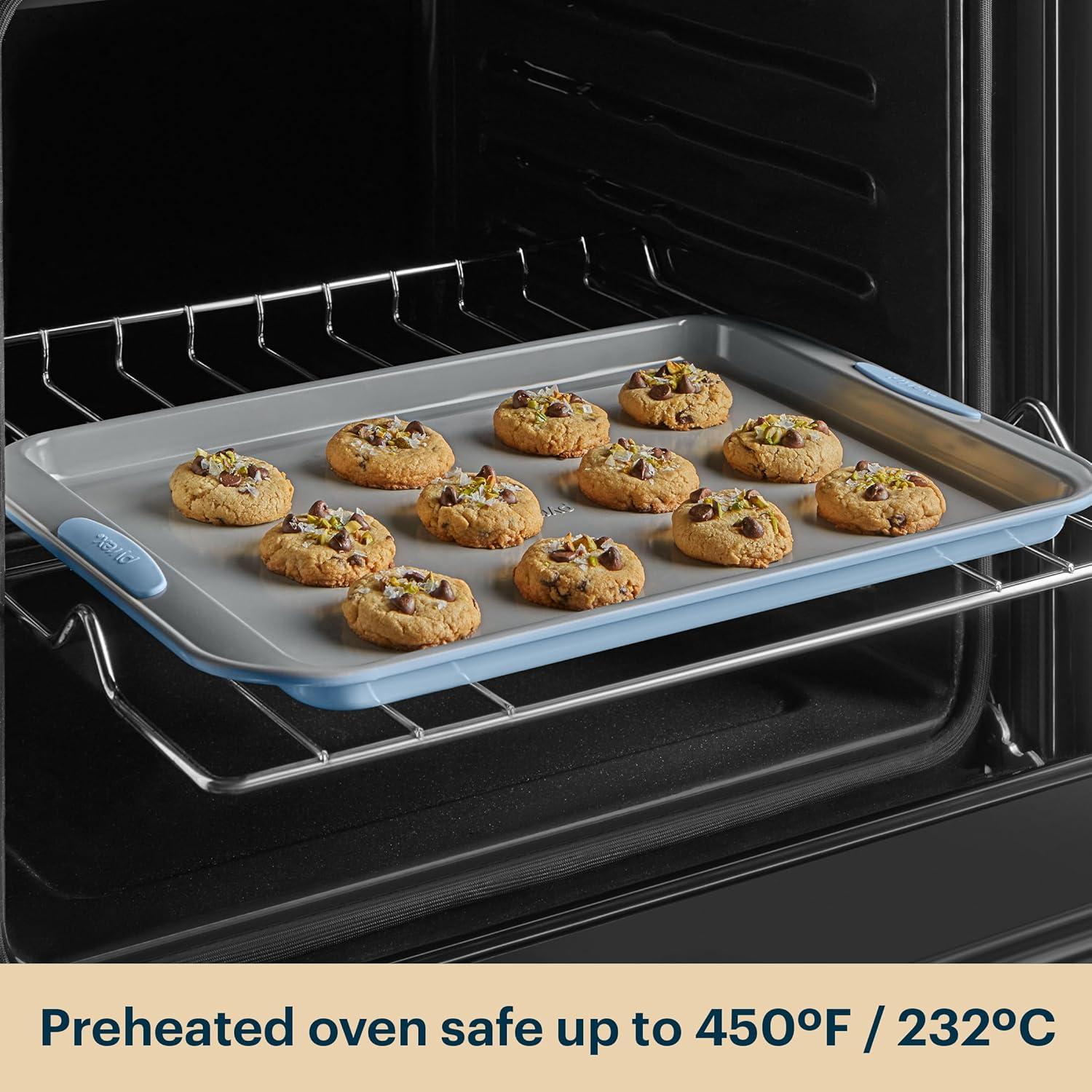 image:imagePyrex 3Piece Metal Cookie Sheet Bakeware Set Lightweight Stainless Steel Baking Trays with Heatsafe Silicone Handles Cookie Sheet Baking Pan CeruleanCerulean
