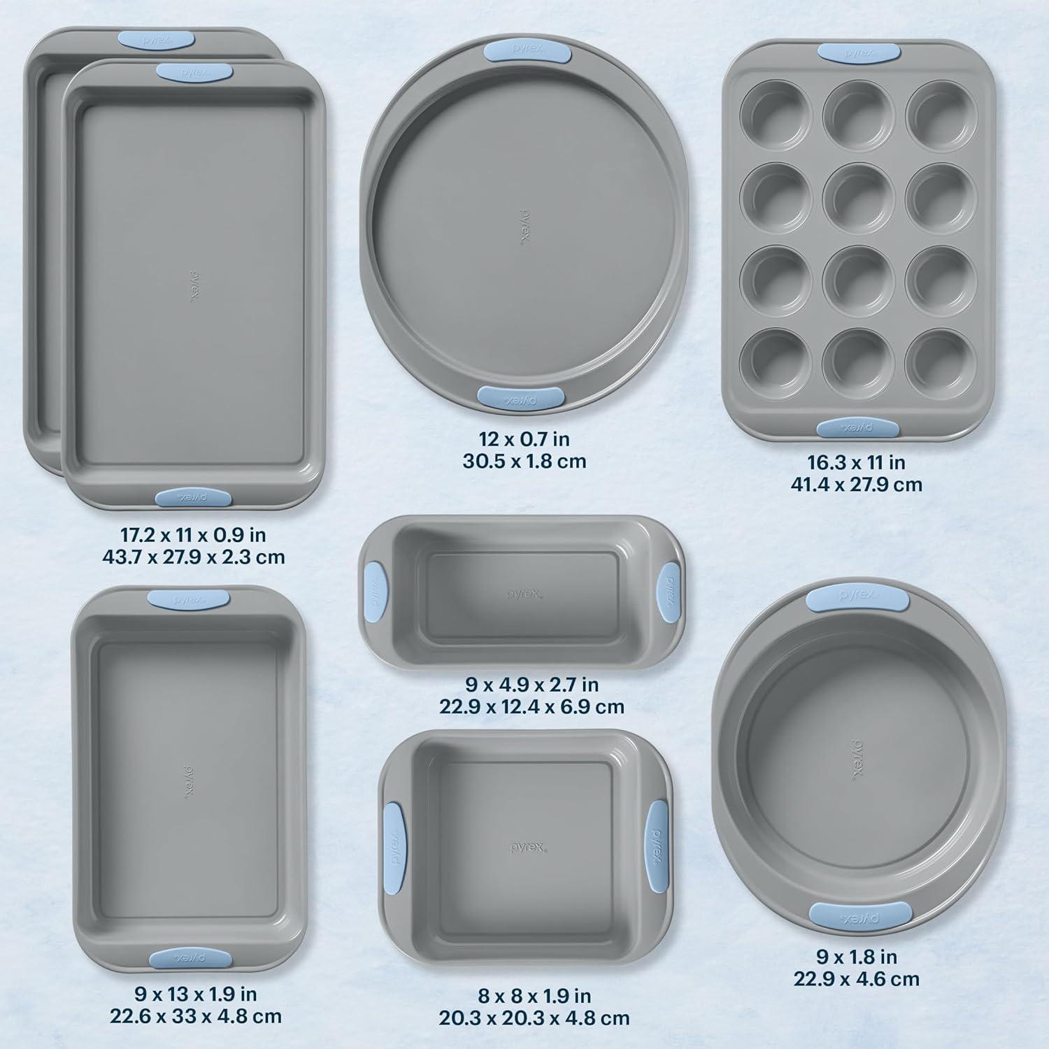 image:imagePyrex 3Piece Metal Cookie Sheet Bakeware Set Lightweight Stainless Steel Baking Trays with Heatsafe Silicone Handles Cookie Sheet Baking Pan CeruleanCerulean