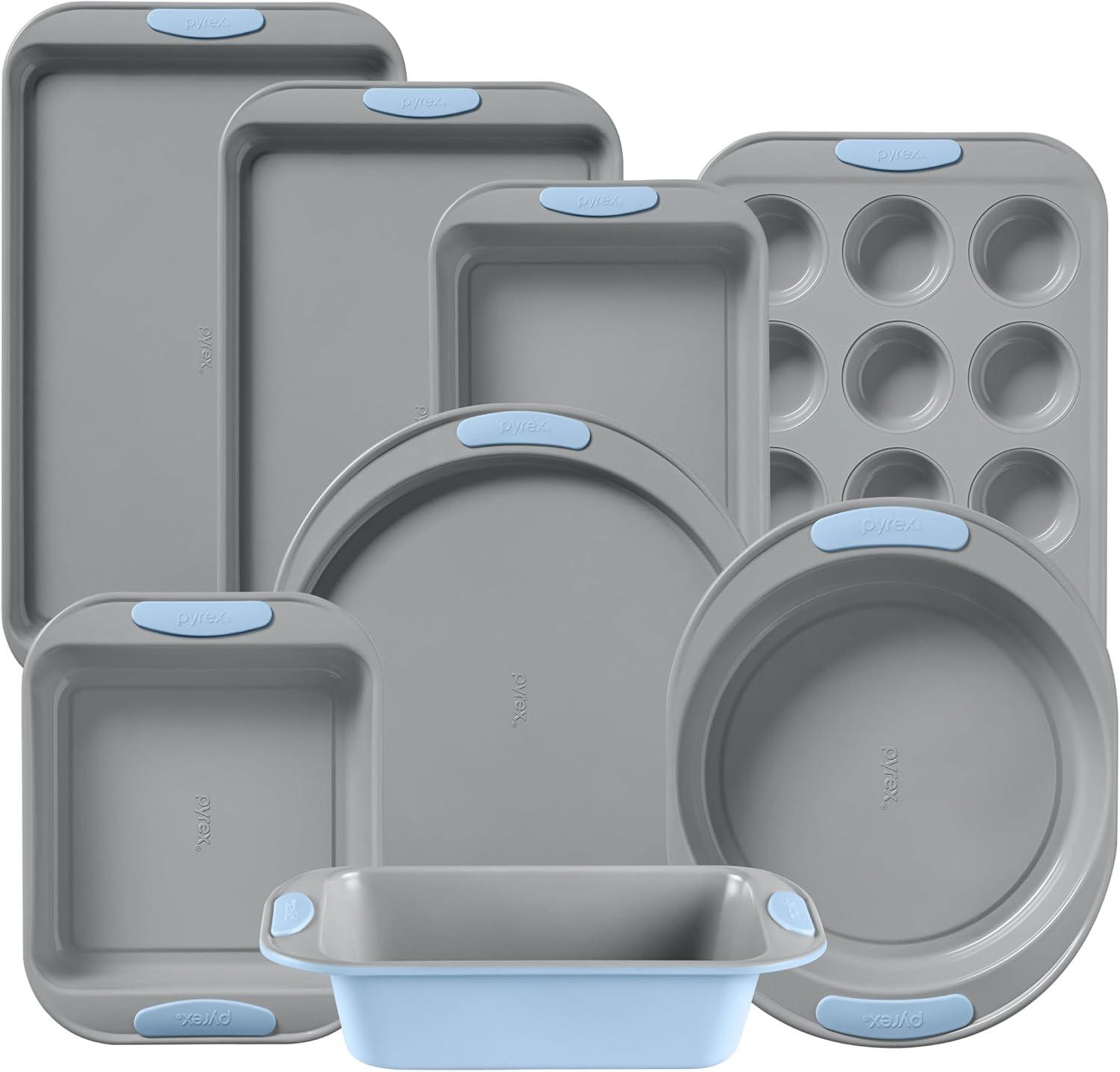image:imagePyrex 3Piece Metal Cookie Sheet Bakeware Set Lightweight Stainless Steel Baking Trays with Heatsafe Silicone Handles Cookie Sheet Baking Pan CeruleanCerulean