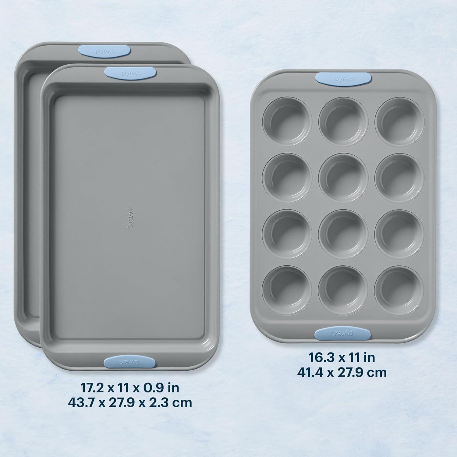 image:imagePyrex 3Piece Metal Cookie Sheet Bakeware Set Lightweight Stainless Steel Baking Trays with Heatsafe Silicone Handles Cookie Sheet Baking Pan CeruleanCerulean