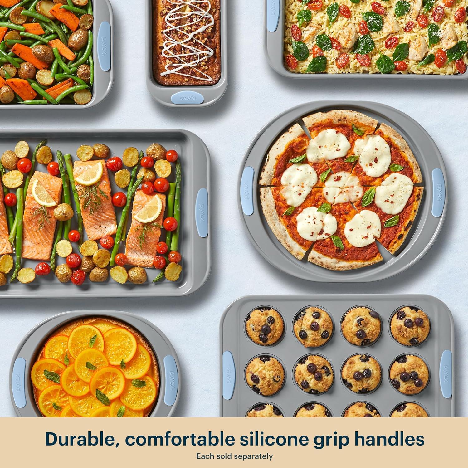 image:imagePyrex 3Piece Metal Cookie Sheet Bakeware Set Lightweight Stainless Steel Baking Trays with Heatsafe Silicone Handles Cookie Sheet Baking Pan CeruleanCerulean