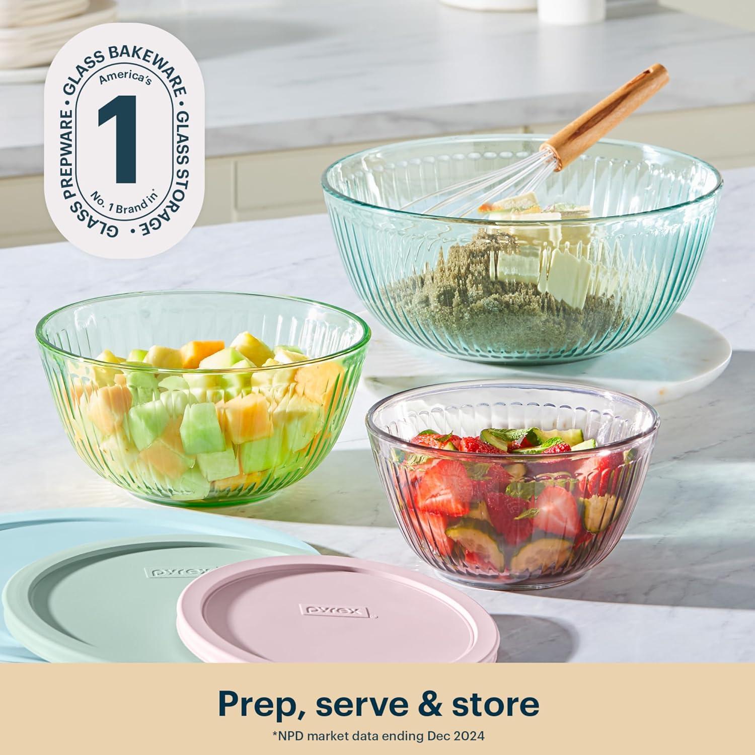 image:imagePyrex Colors 3Pack Full Set Sculpted Tinted Glass Mixing Bowls With Plastic Lids Nesting Space Saving Set of Bowls For Prepping and Baking 13QT 23QT amp 45Q Pink Green AquaPink Green Aqua
