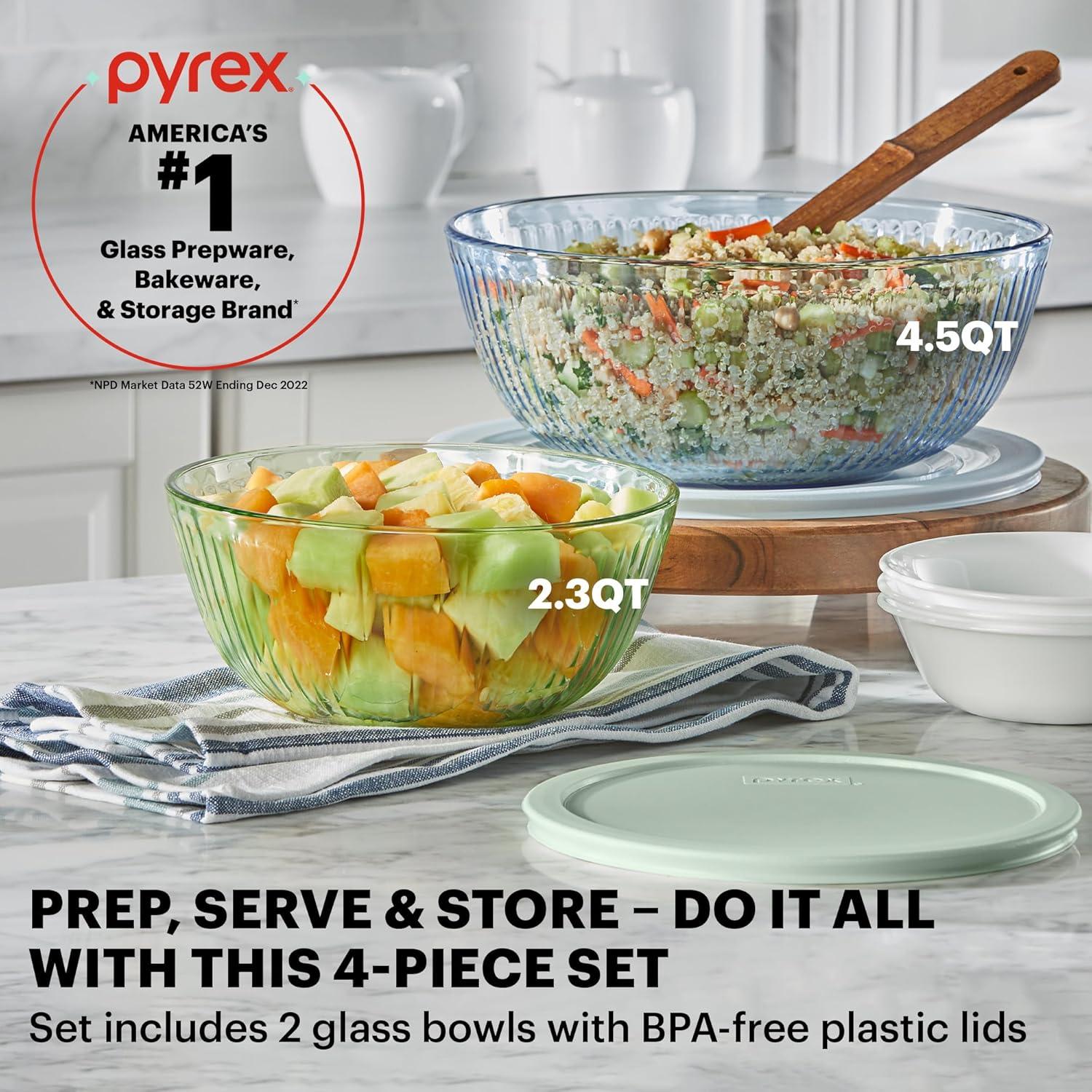 image:imagePyrex Colors 3Pack Full Set Sculpted Tinted Glass Mixing Bowls With Plastic Lids Nesting Space Saving Set of Bowls For Prepping and Baking 13QT 23QT amp 45Q Pink Green AquaGreen Blue