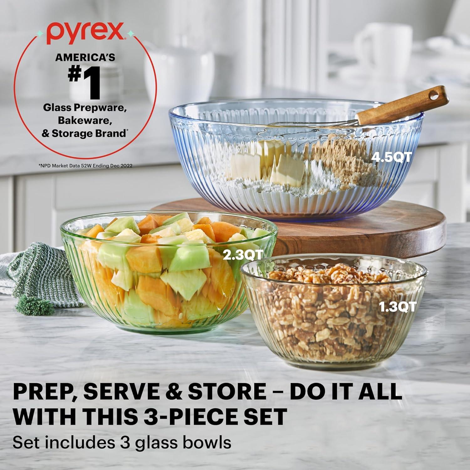 image:imagePyrex Colors 3Pack Full Set Sculpted Tinted Glass Mixing Bowls With Plastic Lids Nesting Space Saving Set of Bowls For Prepping and Baking 13QT 23QT amp 45Q Pink Green AquaYellow Green Blue