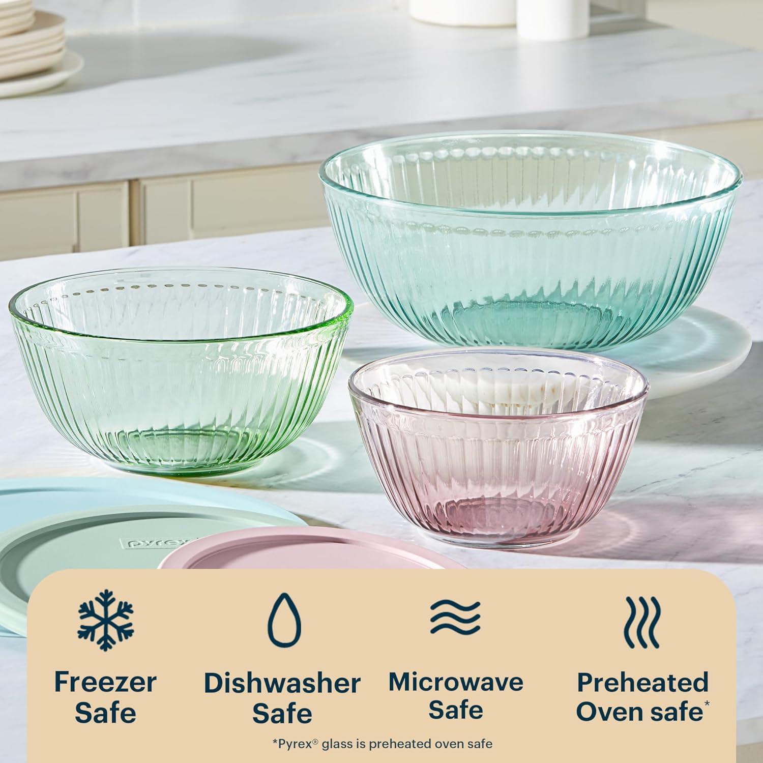 image:imagePyrex Colors 3Pack Full Set Sculpted Tinted Glass Mixing Bowls With Plastic Lids Nesting Space Saving Set of Bowls For Prepping and Baking 13QT 23QT amp 45Q Pink Green AquaPink Green Aqua