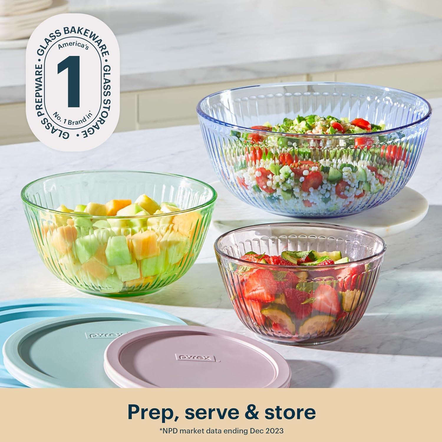 image:imagePyrex Colors 3Pack Full Set Sculpted Tinted Glass Mixing Bowls With Plastic Lids Nesting Space Saving Set of Bowls For Prepping and Baking 13QT 23QT amp 45Q Pink Green AquaPink Green Blue