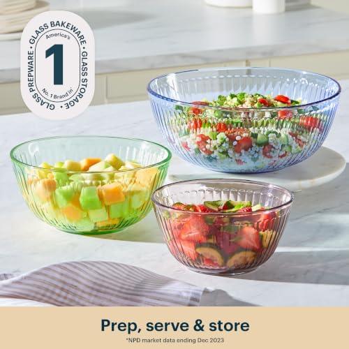 image:imagePyrex Colors 3Pack Full Set Sculpted Tinted Glass Mixing Bowls With Plastic Lids Nesting Space Saving Set of Bowls For Prepping and Baking 13QT 23QT amp 45Q Pink Green AquaPink Green Blue