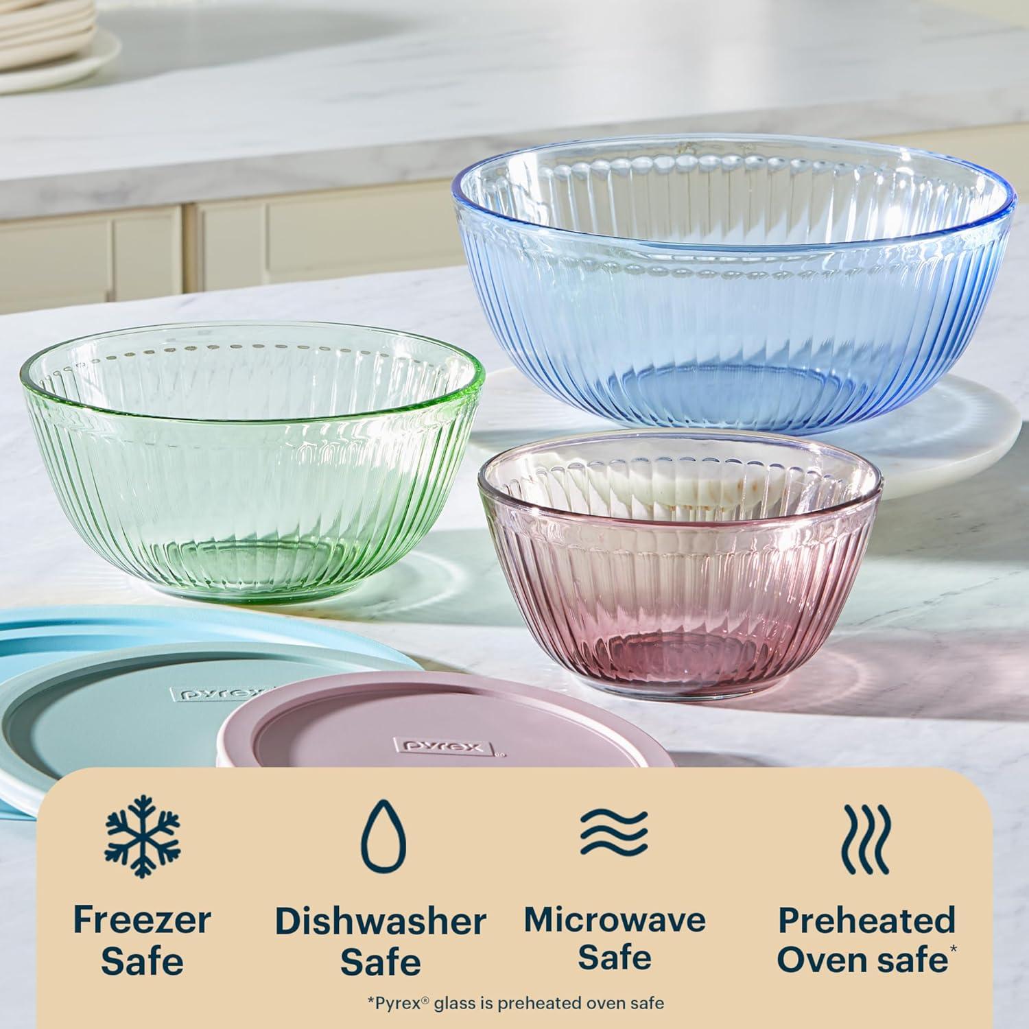 image:imagePyrex Colors 3Pack Full Set Sculpted Tinted Glass Mixing Bowls With Plastic Lids Nesting Space Saving Set of Bowls For Prepping and Baking 13QT 23QT amp 45Q Pink Green AquaPink Green Blue