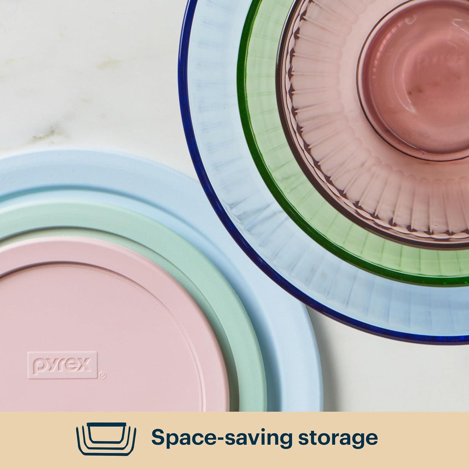 image:imagePyrex Colors 3Pack Full Set Sculpted Tinted Glass Mixing Bowls With Plastic Lids Nesting Space Saving Set of Bowls For Prepping and Baking 13QT 23QT amp 45Q Pink Green AquaPink Green Blue