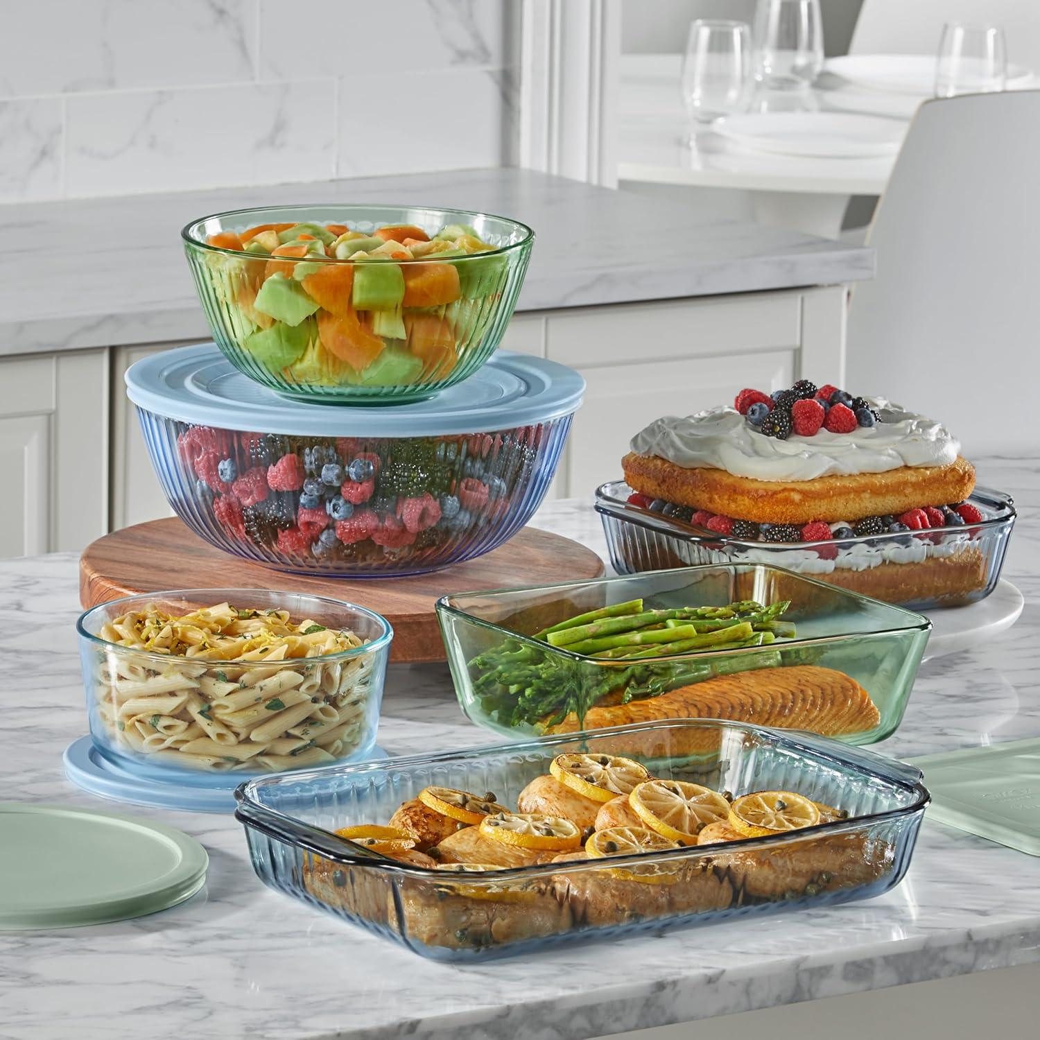 image:imagePyrex Colors 3Pack Full Set Sculpted Tinted Glass Mixing Bowls With Plastic Lids Nesting Space Saving Set of Bowls For Prepping and Baking 13QT 23QT amp 45Q Pink Green AquaGreen Blue