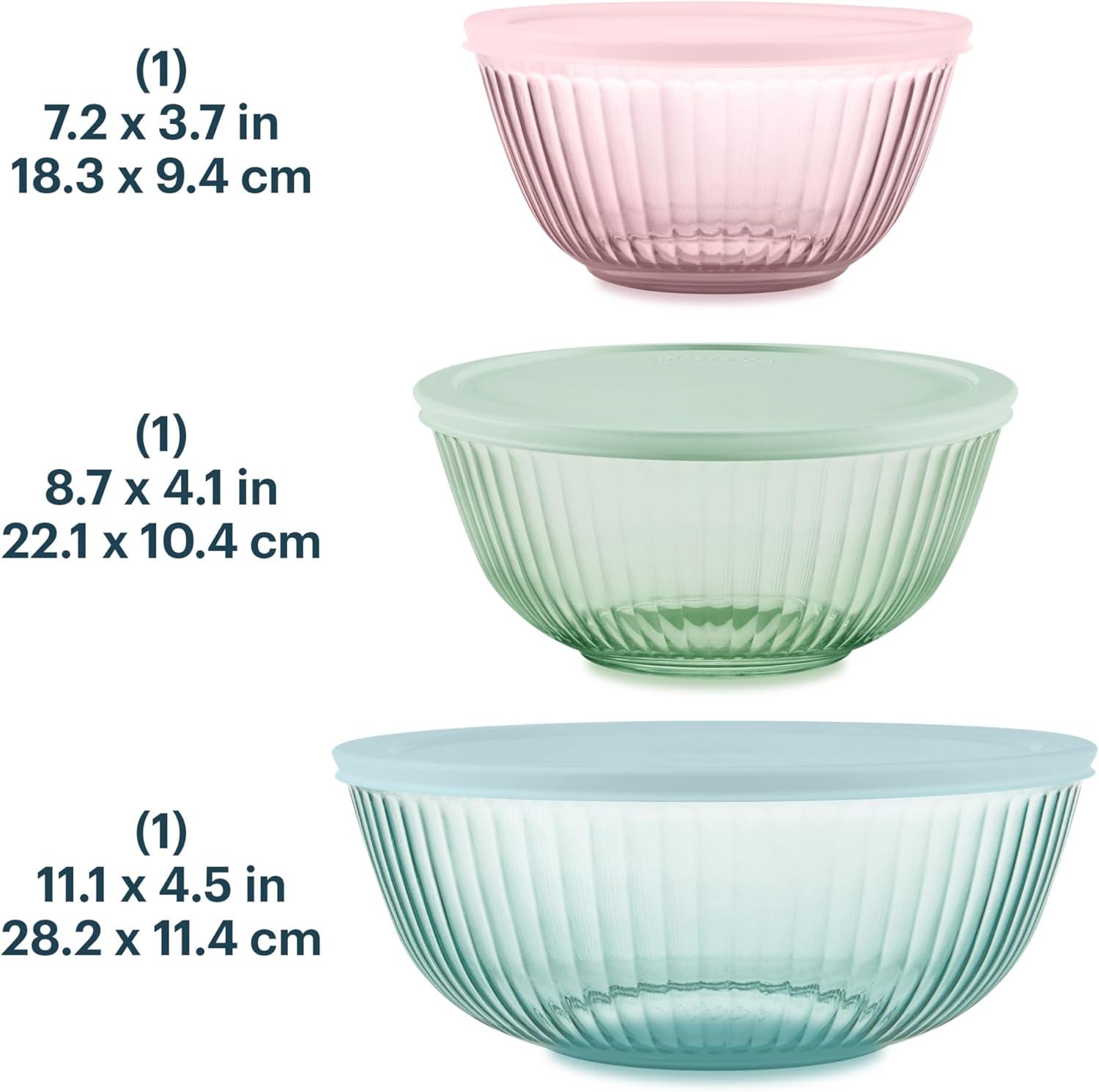 image:imagePyrex Colors 3Pack Full Set Sculpted Tinted Glass Mixing Bowls With Plastic Lids Nesting Space Saving Set of Bowls For Prepping and Baking 13QT 23QT amp 45Q Pink Green AquaPink Green Aqua