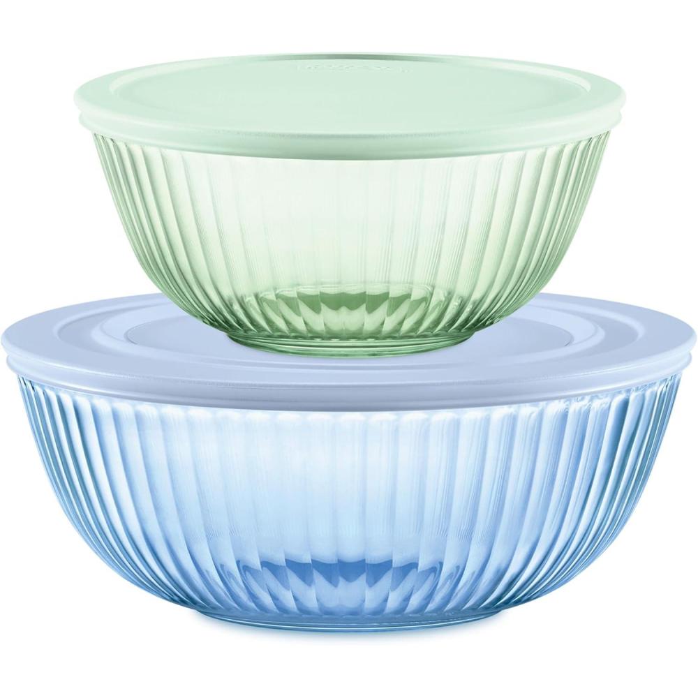 image:imagePyrex Colors 3Pack Full Set Sculpted Tinted Glass Mixing Bowls With Plastic Lids Nesting Space Saving Set of Bowls For Prepping and Baking 13QT 23QT amp 45Q Pink Green AquaGreen Blue