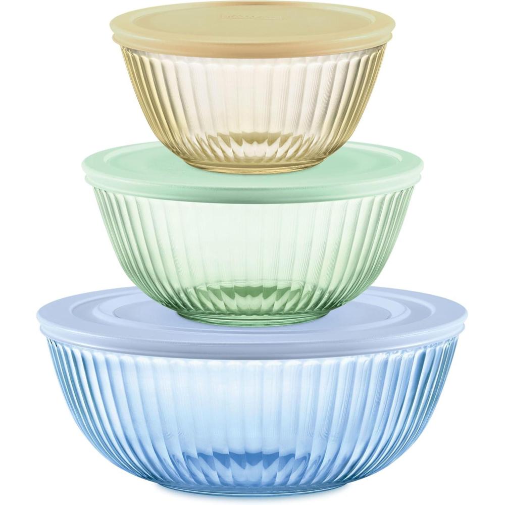 image:imagePyrex Colors 3Pack Full Set Sculpted Tinted Glass Mixing Bowls With Plastic Lids Nesting Space Saving Set of Bowls For Prepping and Baking 13QT 23QT amp 45Q Pink Green AquaYellow Green Blue