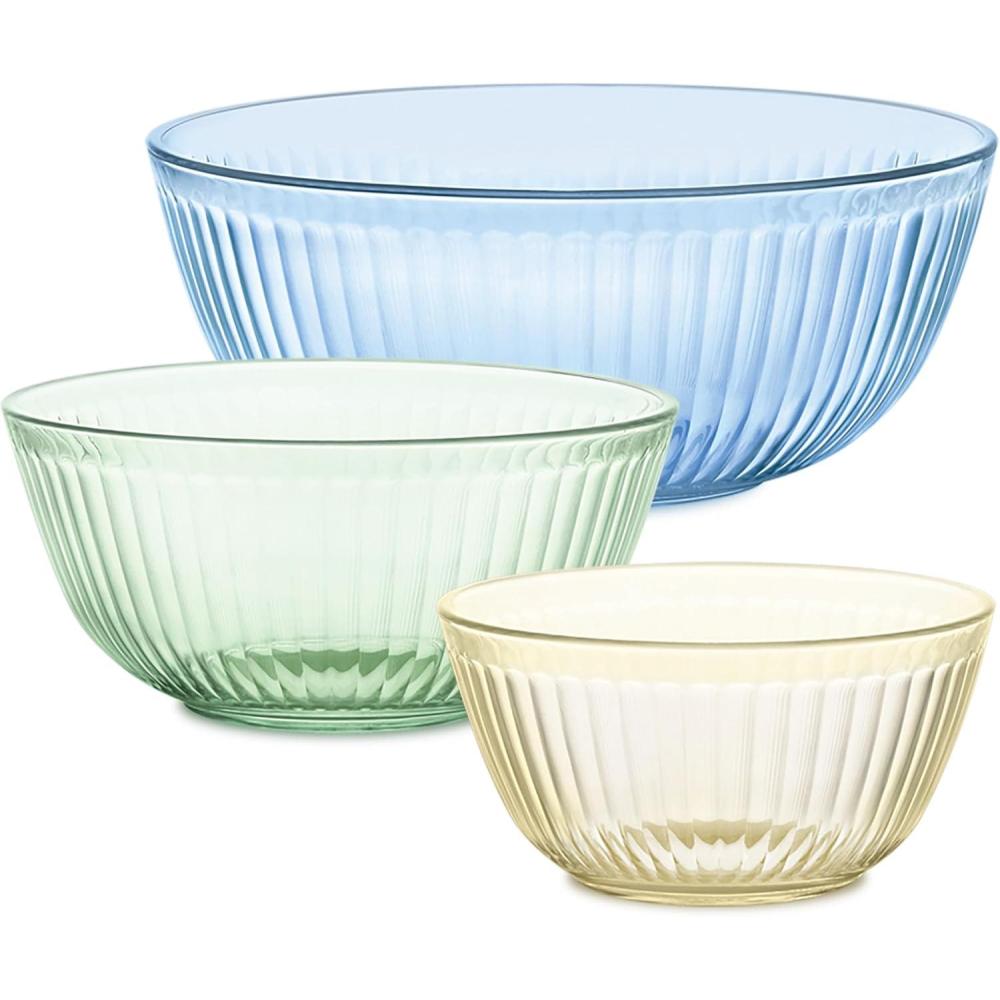 image:imagePyrex Colors 3Pack Full Set Sculpted Tinted Glass Mixing Bowls With Plastic Lids Nesting Space Saving Set of Bowls For Prepping and Baking 13QT 23QT amp 45Q Pink Green AquaClear