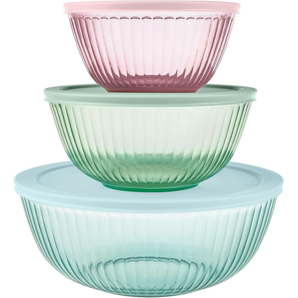 image:imagePyrex Colors 3Pack Full Set Sculpted Tinted Glass Mixing Bowls With Plastic Lids Nesting Space Saving Set of Bowls For Prepping and Baking 13QT 23QT amp 45Q Pink Green AquaPink Green Aqua