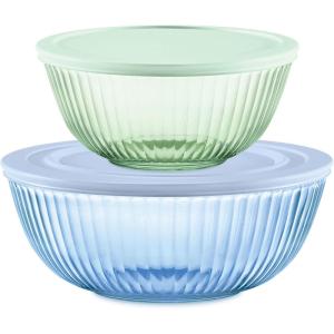 Pyrex Colors (3-Pack, Full Set) Sculpted Tinted Glass Mixing Bowls With Plastic Lids, Nesting Space Saving Set of Bowls For Prepping and Baking, 1.3QT, 2.3QT & 4.5Q, (Pink, Green, Aqua)(Green  Blue)