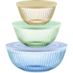 Pyrex Colors (3-Pack, Full Set) Sculpted Tinted Glass Mixing Bowls With Plastic Lids, Nesting Space Saving Set of Bowls For Prepping and Baking, 1.3QT, 2.3QT & 4.5Q, (Pink, Green, Aqua)(Yellow  Green  Blue)