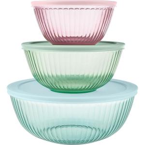 Pyrex Colors (3-Pack, Full Set) Sculpted Tinted Glass Mixing Bowls With Plastic Lids, Nesting Space Saving Set of Bowls For Prepping and Baking, 1.3QT, 2.3QT & 4.5Q, (Pink, Green, Aqua)(Pink  Green  Aqua)
