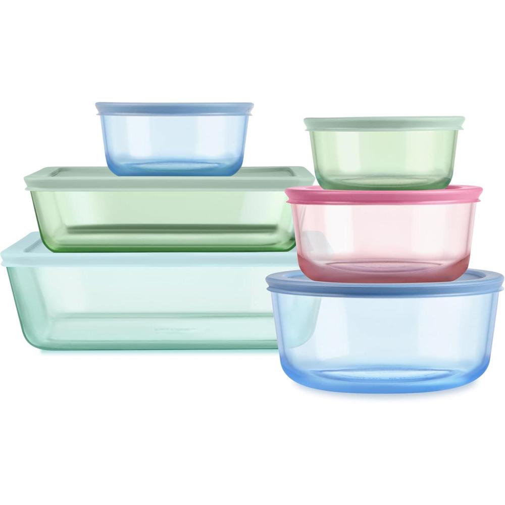 image:imagePyrex Colors 6Pack Full Set Tinted Glass Food Storage Container Set Snug Fit NonToxic Plastic BPAFree Lids Freezer Dishwasher Microwave Safe 3 Cup 6 Cup amp 11