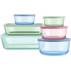 Pyrex Colors (6-Pack, Full Set) Tinted Glass Food Storage Container Set, Snug Fit Non-Toxic Plastic BPA-Free Lids, Freezer Dishwasher Microwave Safe, 3 Cup, 6 Cup & 11