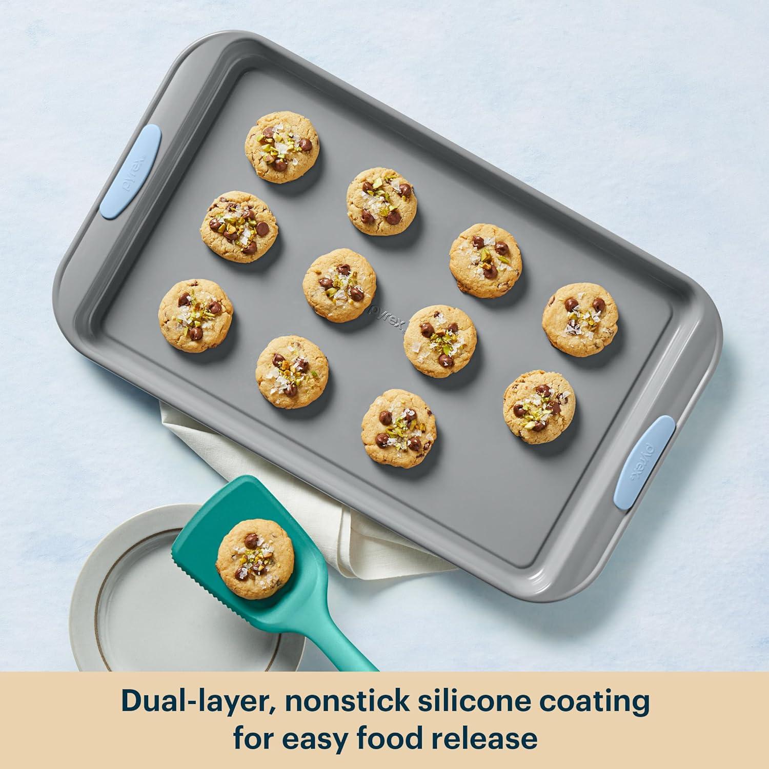 image:imagePyrex 8Piece Metal Bakeware Set Lightweight Stainless Steel Baking Trays with Heatsafe Silicone Handles Cookie amp Muffin Sheets RoundSquare Baking Pans SageCerulean