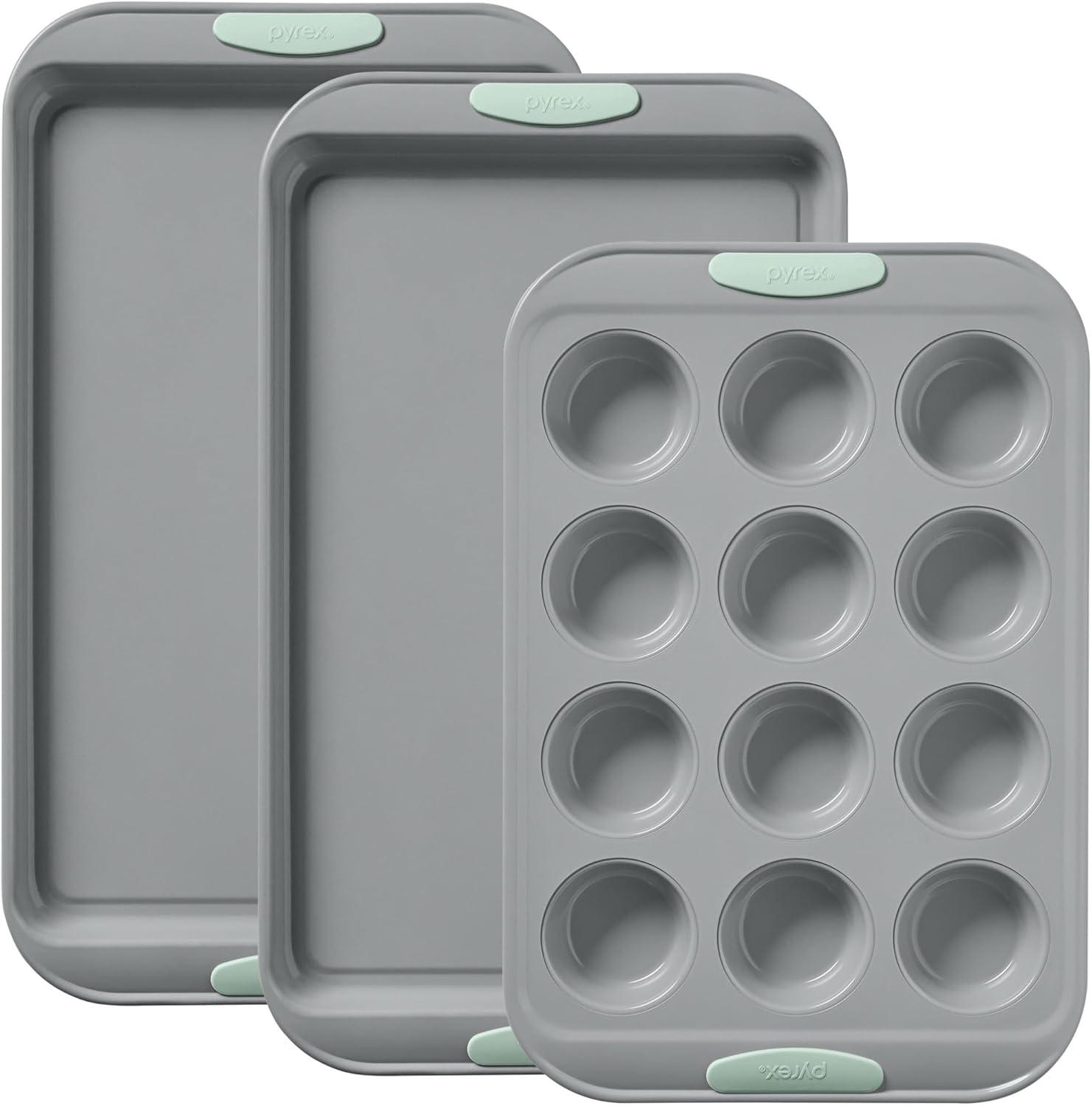 image:imagePyrex 8Piece Metal Bakeware Set Lightweight Stainless Steel Baking Trays with Heatsafe Silicone Handles Cookie amp Muffin Sheets RoundSquare Baking Pans SageSage